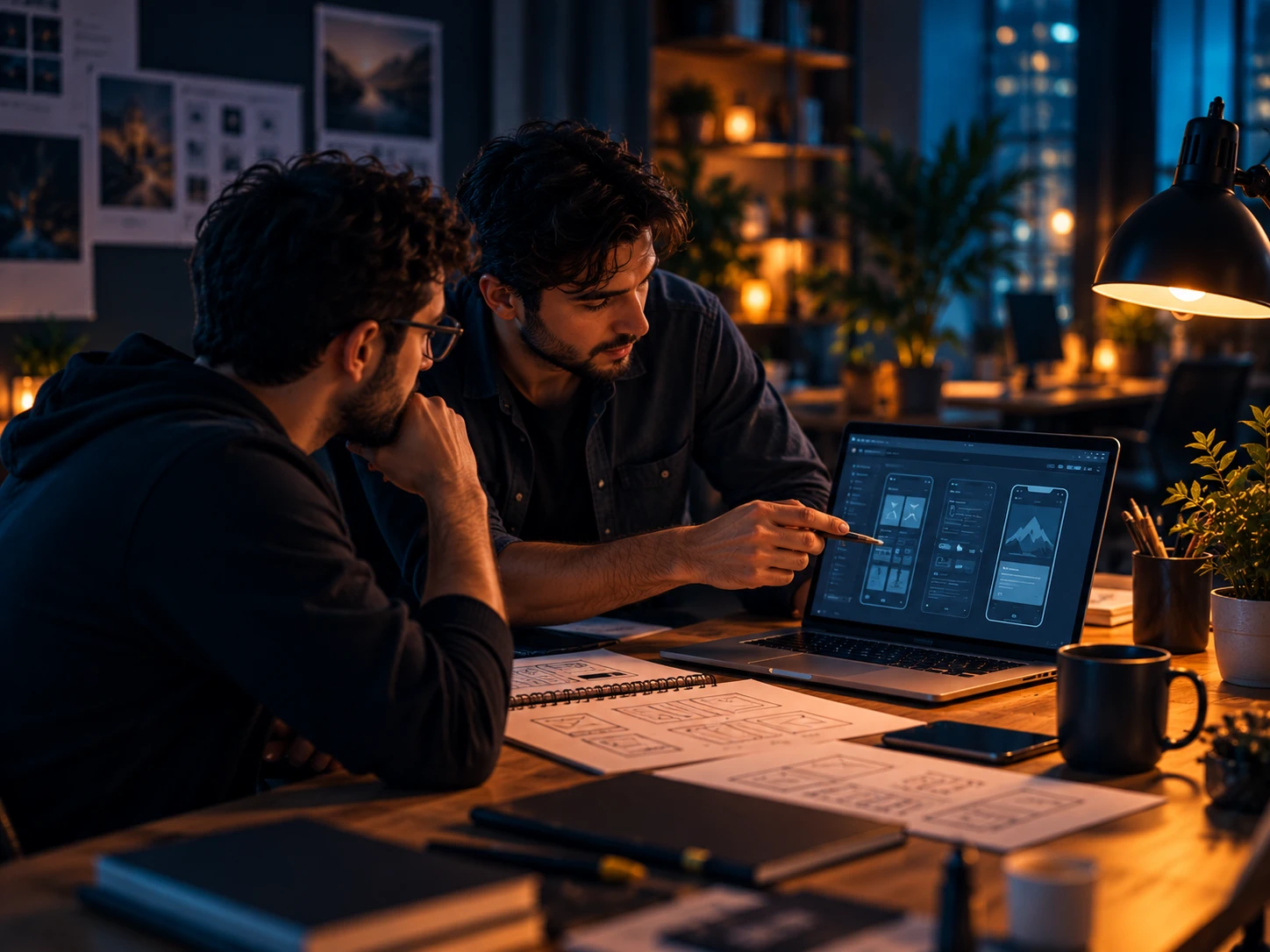 Designer and engineer collaborating over wireframes at a studio desk